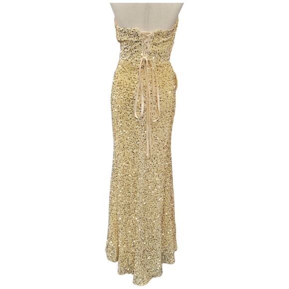 NWT Beige Gold Strapless Sequin Evening Gown with Corset Back on Velvet Fabric - Picture 6 of 12